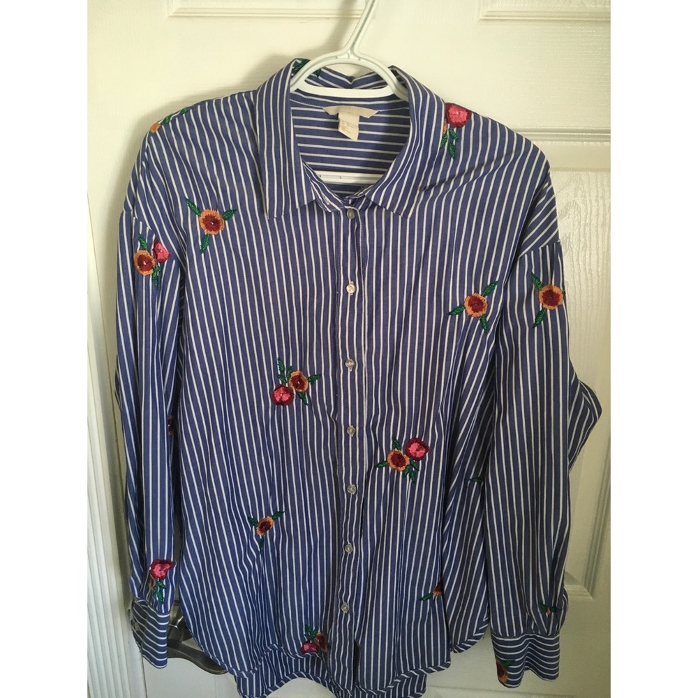 H&M Embroidered Floral Striped Button Down Top